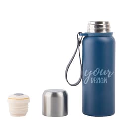 A drink bottle in navy blue, featuring a double wall stainless steel design and two interchangeable caps.