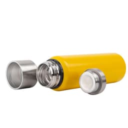 A drink bottle with a double wall vacuum insulation in bright yellow, featuring a stainless steel lid and an interior.