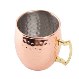 A copper mule mug with a hammered finish and a gold-tone handle, featuring a shiny interior.