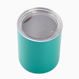 A drink bottle with a teal exterior and a clear lid, featuring a logo. It is an insulated tumbler design.