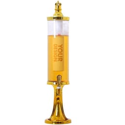 A drink tower with a gold base and a clear cylinder filled with light amber liquid. It features a logo.