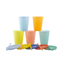 A set of six 16 oz. plastic cups in pastel colours, each with a matching lid and straw.