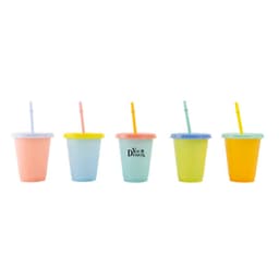 A set of five plastic cups in pastel colours, each with a matching straw and lid, featuring a logo.