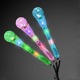 Three colourful LED toy microphones in pink, blue, and green, featuring multiple lights and a decorative design.
