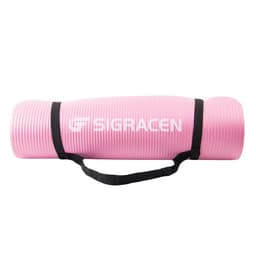 A pink portable non-slip yoga mat with a black carry strap and a branding logo.
