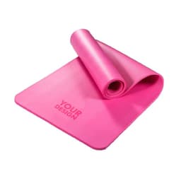 A pink portable non-slip yoga mat, rolled partially with a textured surface, featuring a design area.