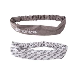 A grey and white non-slip sports headband set featuring a logo, designed for athletic wear.