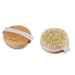 A custom body brush in natural wood with a white strap, featuring soft bristles and massage nodes.