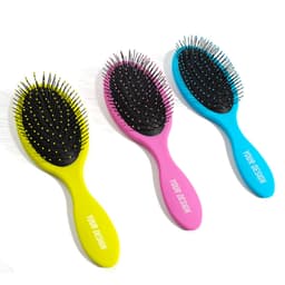 A set of three wet hair brushes in vibrant pink, yellow, and blue, featuring a customised design on each handle.