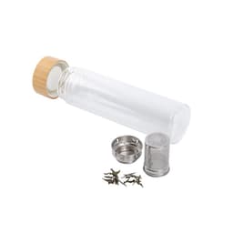 A drink bottle featuring a clear glass body, bamboo lid, and stainless steel tea infuser component.
