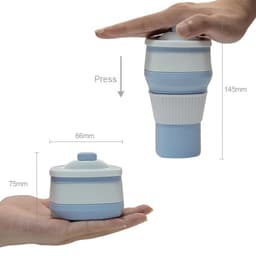 A drink bottle featuring a blue and white silicone design, foldable with a pressed top, held in hands for size comparison.