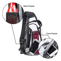 A clear stadium-approved sling bag with a mesh pocket, front pocket, and visible contents like a drink bottle and mobile phones.