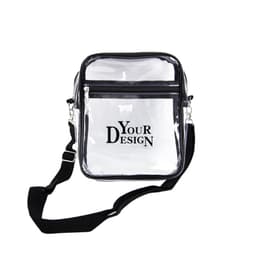 A clear messenger bag with black trim and a front zip pocket, featuring a branded logo.
