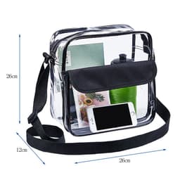 A clear crossbody messenger shoulder bag featuring a black strap, with a drink bottle, phone, and documents inside.