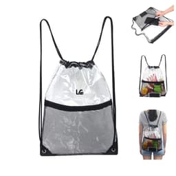 A clear drawstring bag with a black mesh pocket, featuring adjustable straps and a logo on the front.