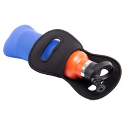 A drink bottle holder made of neoprene in blue and black, featuring an orange bottle and a nozzle.