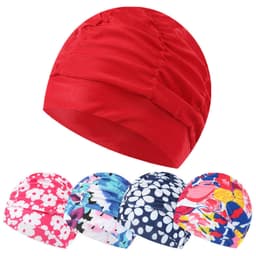A pleated long hair swimming cap in red, accompanied by floral and patterned designs in various colours.