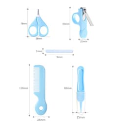 A baby care kit featuring blue nail clippers, scissors, a comb, and a small file. The kit includes a branded item.
