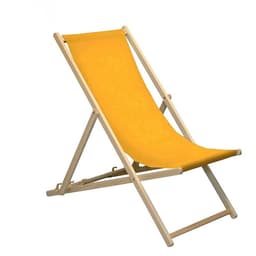 A yellow adjustable folding wood beach sling chair with a natural wood frame, perfect for leisure and outdoor use.