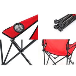 A red folding camping chair with a mesh cup holder, black frame, and folded design for easy transport.