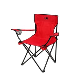 A red folding camping chair with black metal frame, featuring a cup holder and a logo on the backrest.