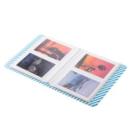 A mini instant Polaroid photo album with 64 pockets, featuring a blue and white striped design and two open pages with photos.