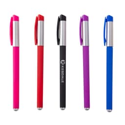A collection of five plastic rubber-coated soft touch pens in pink, red, black, purple, and blue, featuring silver clip accents.