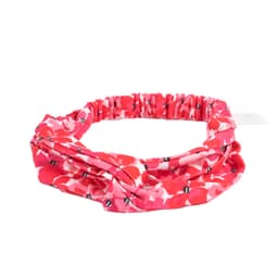 A criss-cross headband in vibrant shades of pink and red with a floral pattern. Features elastic for a secure fit.