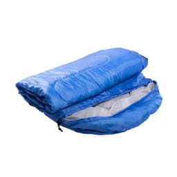 A blue sleeping bag with a zippered opening, featuring a soft interior lining and folded neatly.