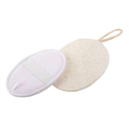 An oval exfoliating loofah sponge pad in white and natural tones with a handy hanging loop.