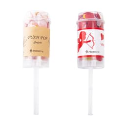 A clear container with a push pop design filled with colourful confetti and a straw. It features a logo.