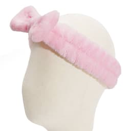 A pink fluff headband with a bow detail, designed for hair and beauty use.