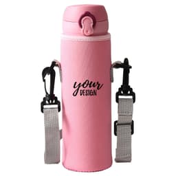 A drink bottle in a pink neoprene holder with a strap, featuring an adjustable carry option.