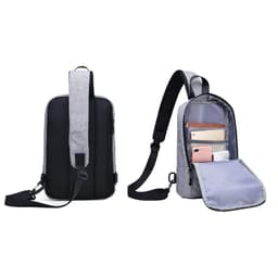 A grey and black travel sling bag featuring multiple compartments and a shoulder strap for easy carrying.