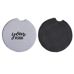 A set of two round neoprene car cup coasters, one white with a design area and one textured black.