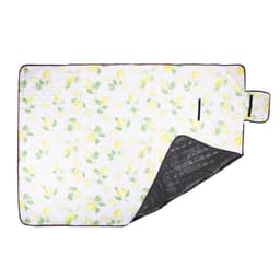 A floral-patterned picnic blanket with a black underside and a convenient carrying handle.