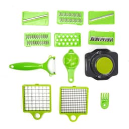 A multifunctional kitchen slicer set in green and black, featuring various cutting and peeling tools.