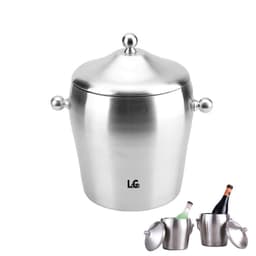 A stainless steel ice bucket with a lid and decorative handles, featuring an engraved logo. Suitable for leisure and outdoor use.