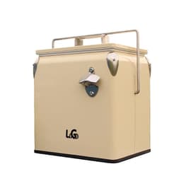 A drink bottle cooler in a cream colour with a metal handle and bottle opener, featuring a logo on the front.