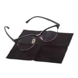 A black microfiber cleaning cloth lies flat beneath a pair of black-rimmed glasses, with a soft texture.