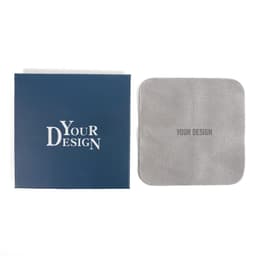 A grey microfiber eyeglasses wipe displayed next to a blue packaging with a logo.