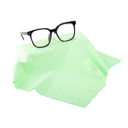 A mint green microfiber lens cloth draped with a pair of black glasses on top, featuring a logo.