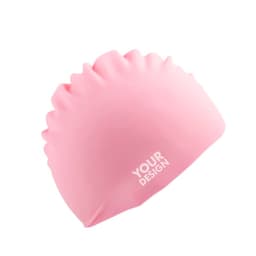 A pink silicone swimming cap featuring a logo and a smooth, flexible design.