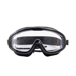 Large black swimming goggles with clear lenses and adjustable straps, accompanied by matching earplugs.