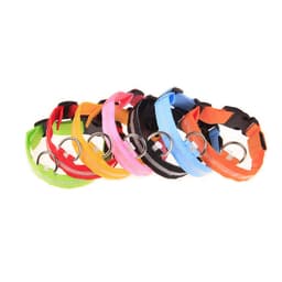 A collection of LED dog collars in various colours including pink, blue, orange, green, and black, each featuring a metal ring.