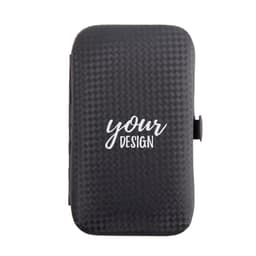 A black manicure set with a textured surface, featuring a design area and a clasp for secure closure.