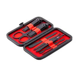 An 8-piece nail clipper manicure set in a black case with red accents, featuring various grooming tools and a logo.