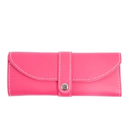 A pink PU leather case with white stitching, featuring a snap closure and a compact design for holding a manicure set.