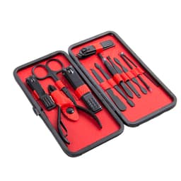 A stainless steel 12-in-1 nail clipper set with various grooming tools, enclosed in a black case with red accents.