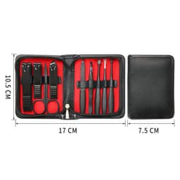 A black 9-in-1 nail clipper kit featuring various tools, displayed in a zippered case with a red interior.